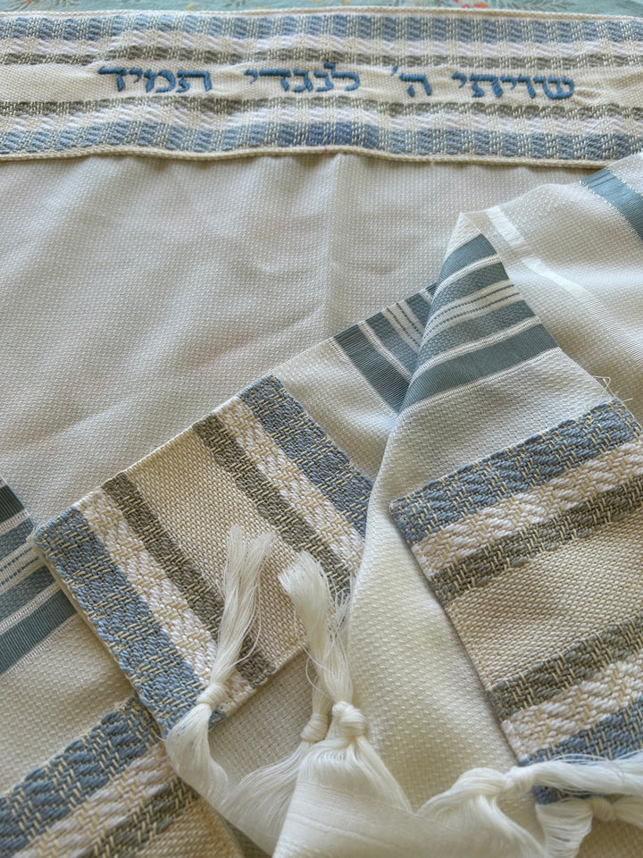 Handmade Wool/Cotton Tallit - Light Blue