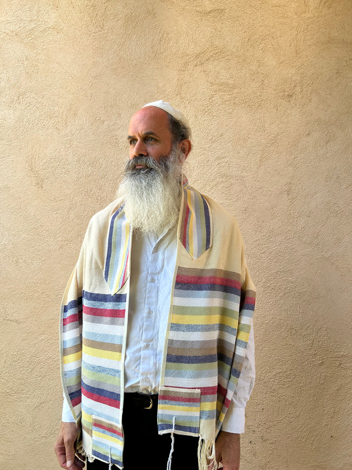 Blue Yellow and Red - Handmade Cotton Tallit Ready to Ship