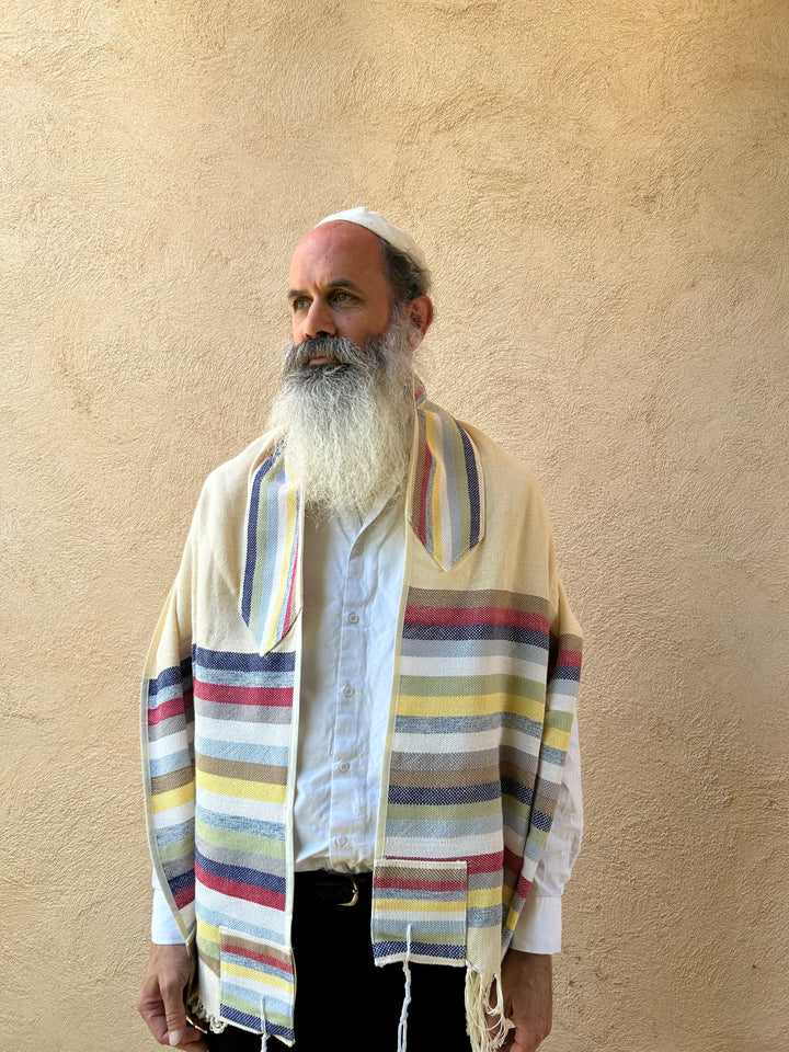Blue Yellow and Red - Handmade Cotton Tallit Ready to Ship