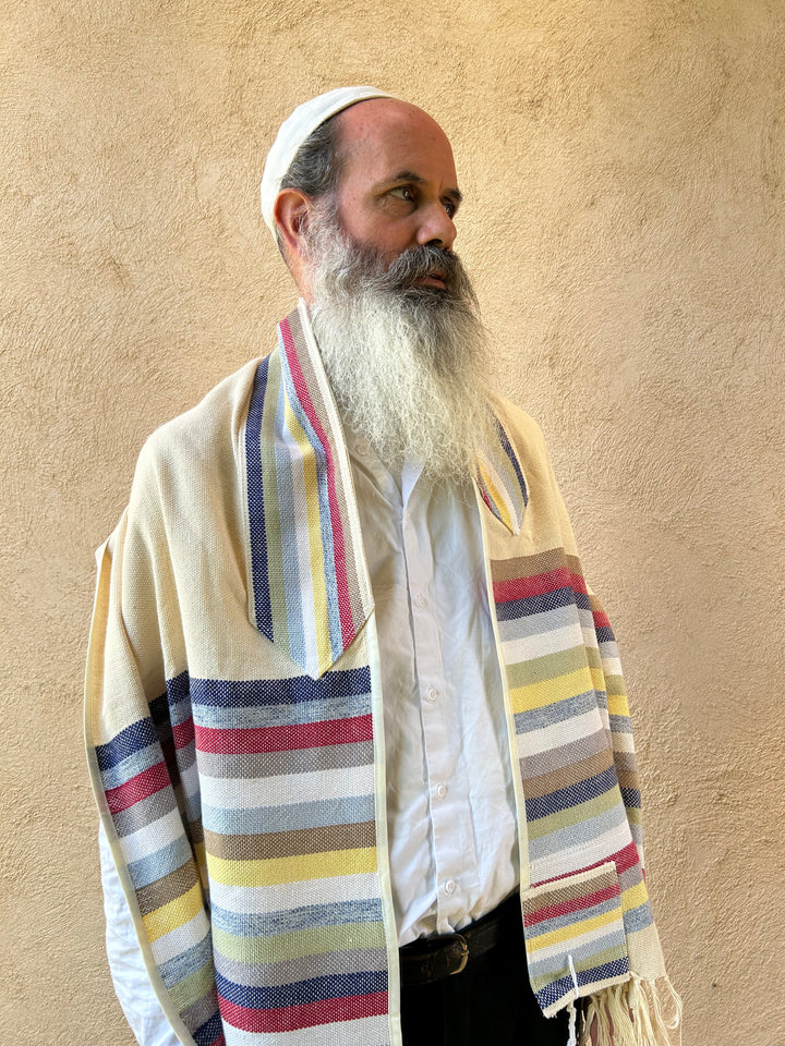 Blue Yellow and Red - Handmade Cotton Tallit Ready to Ship