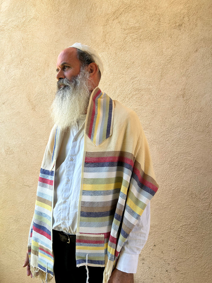 Blue Yellow and Red - Handmade Cotton Tallit Ready to Ship