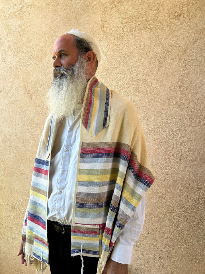 Blue Yellow and Red - Handmade Cotton Tallit Ready to Ship