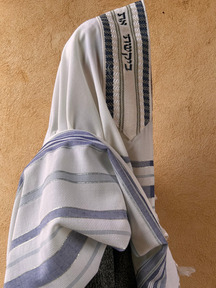 Handmade Wool/Cotton Tallit - Silver & Blue