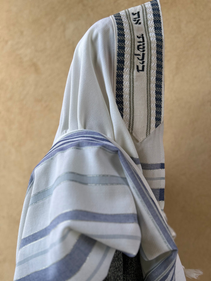 Handmade Wool/Cotton Tallit - Blue & Silver