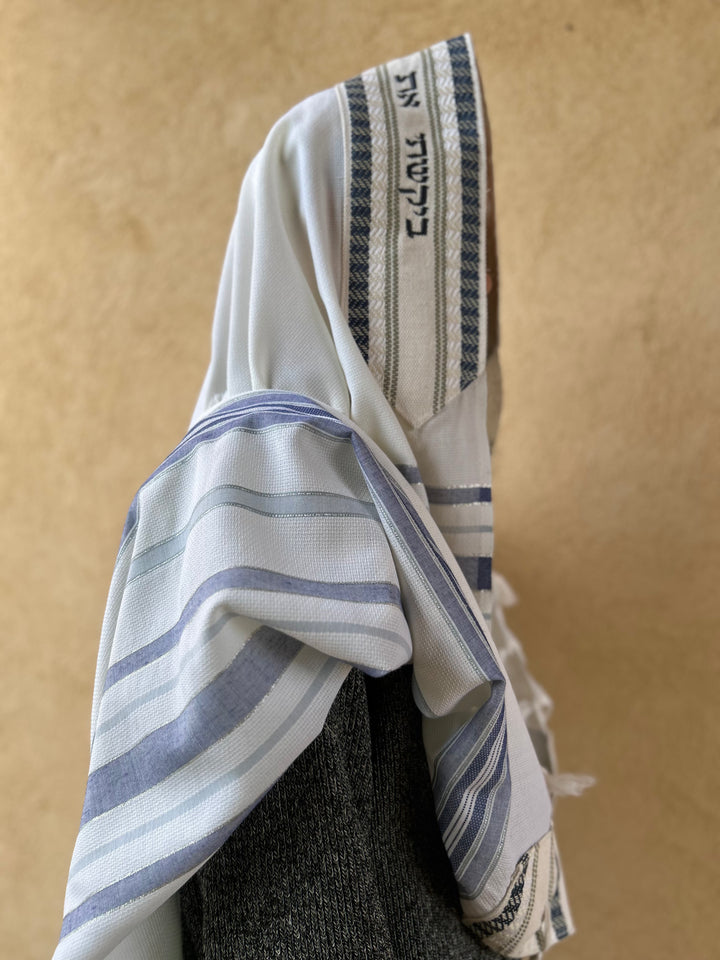 Handmade Wool/Cotton Tallit - Blue & Silver