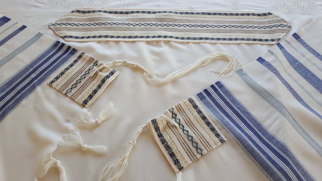 Handmade Wool/Cotton Tallit - Blue & Silver