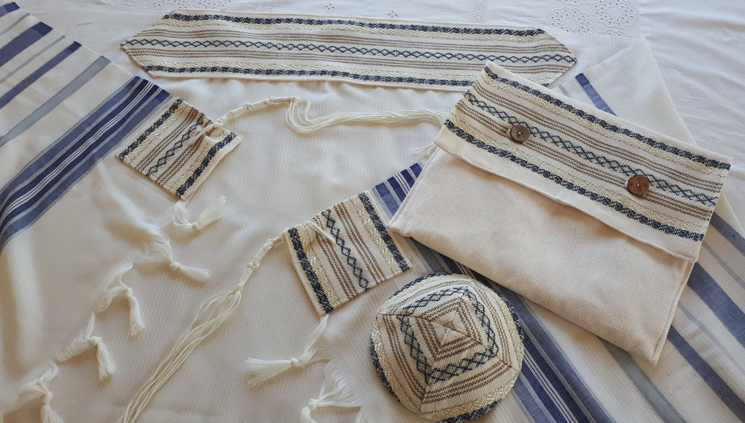 Handmade Wool/Cotton Tallit - Blue & Silver