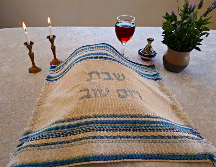 Handmade Challah Cover - Light Blue & Silver